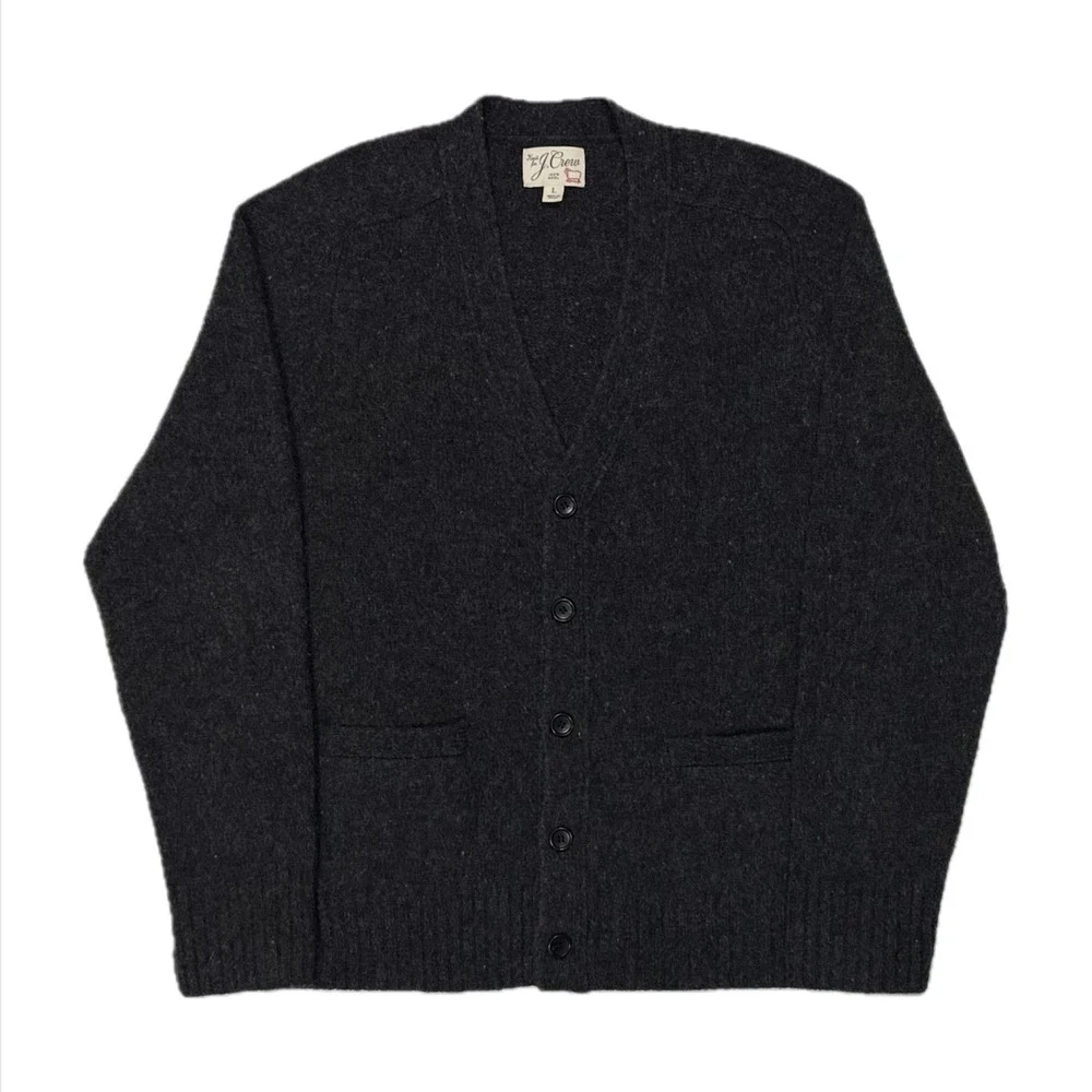 J Crew 100% wool grey knit v neck front pocket cardigan sweater mens large